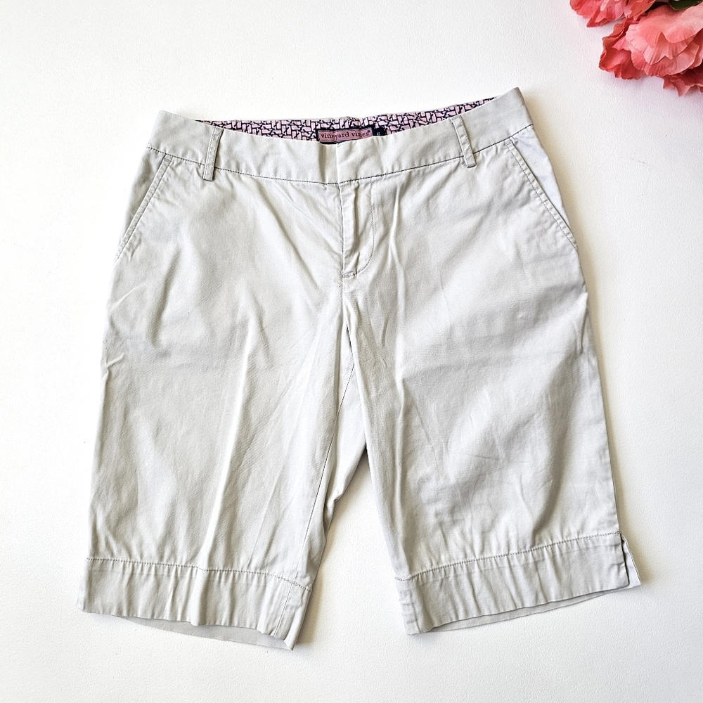 Vineyard Vines Bermuda Shorts Women 6 Stone Stretch Chino Wide Hem Whale Logo